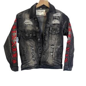 FWRD Denim Black Boy's Saints and Sinners Embroidered Distressed Denim Jacket M